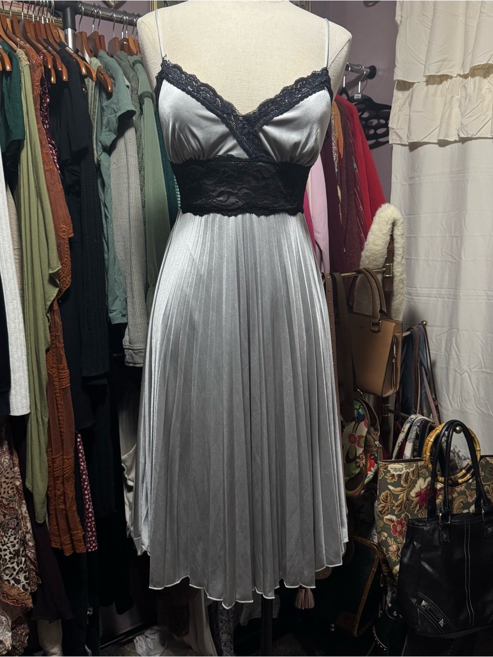 XOXO Silver Satin Slip Dress with Pink Logo Tag